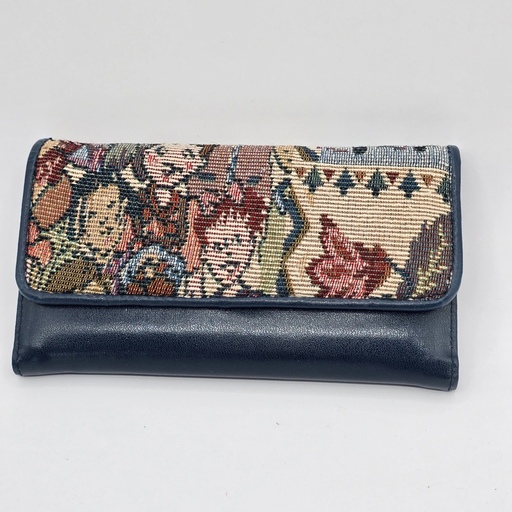Vintage 90s Cat Tapestry Checkbook Wallet Navy Blue Folk Art Clutch